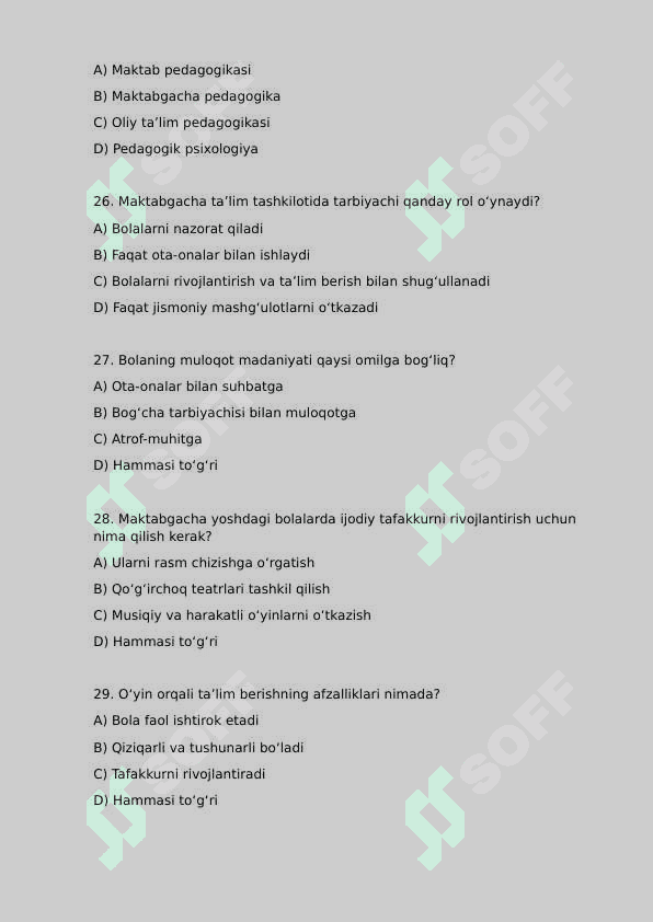 Maktabgacha pedagogika || Test 6