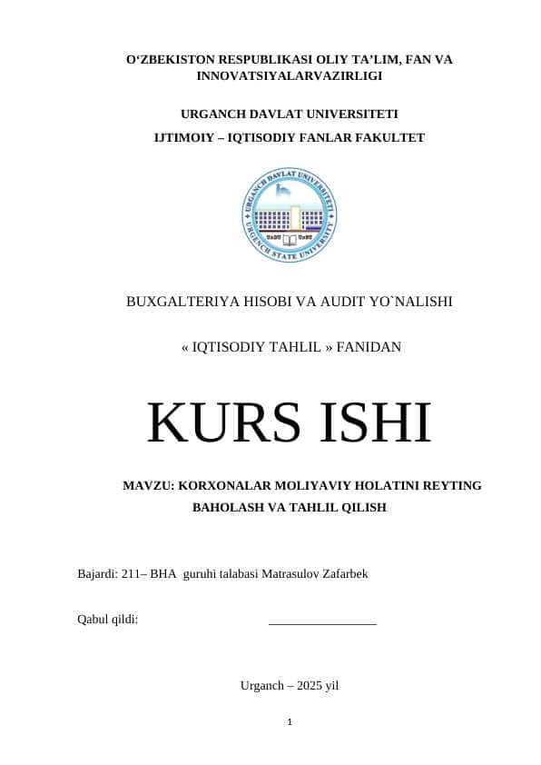KORXONALAR MOLIYAVIY HOLATINI REYTING BAHOLASH VA TAHLIL QILISH