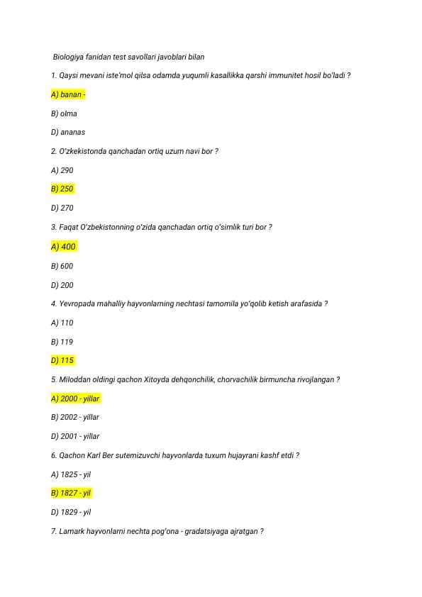 Biologiya fanidan / Test savol-javoblari bilan N_20