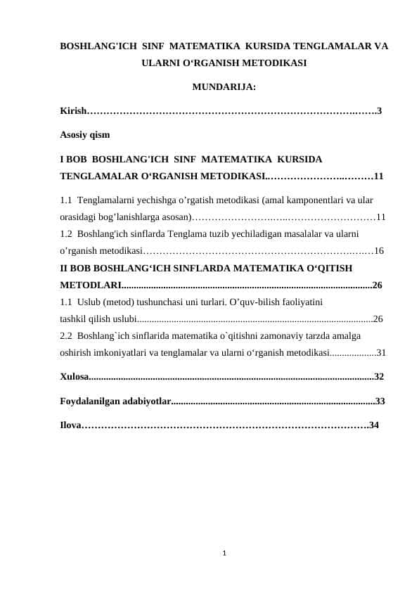 BOSHLANG'ICH  SINF  MATEMATIKA  KURSIDA TENGLAMALAR VA ULARNI O‘RGANISH METODIKASI