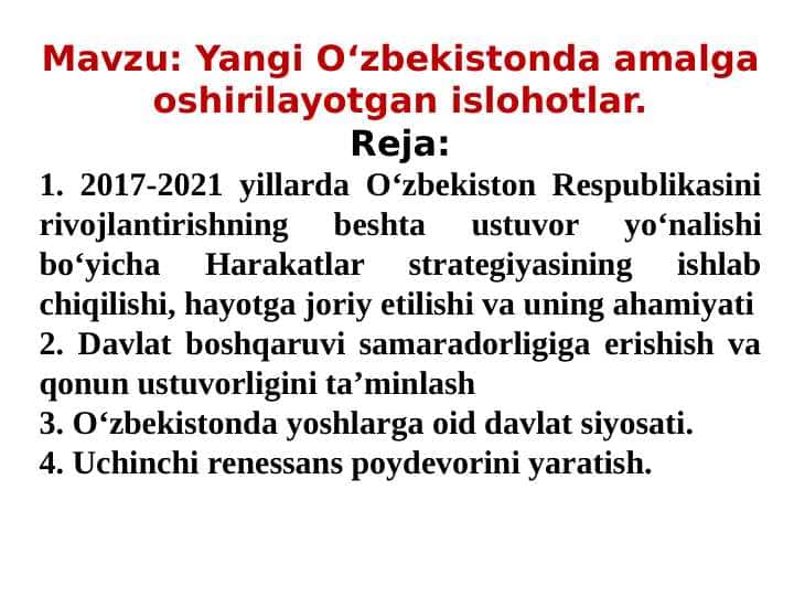 Yangi O‘zbekistonda amalga oshirilayotgan islohotlar