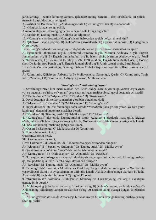 8-sinflar uchun adabiyot fanidan test savollari va javoblari 2