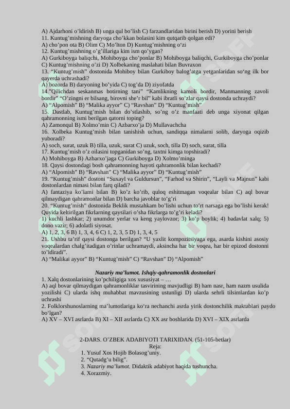 8-sinflar uchun adabiyot fanidan test savollari va javoblari 3