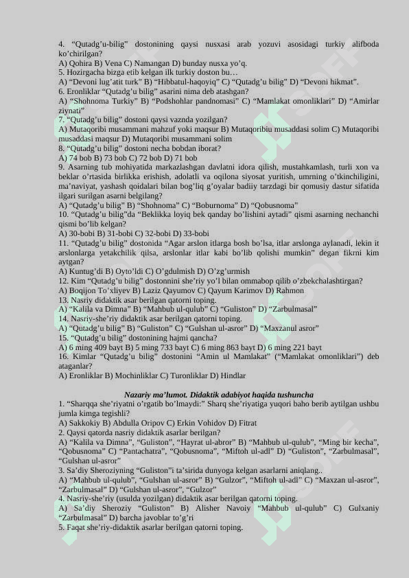 8-sinflar uchun adabiyot fanidan test savollari va javoblari 5