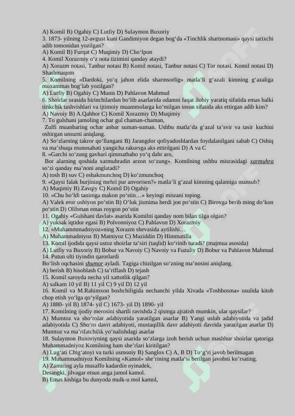11-sinflar uchun adabiyot fanidan test savollari javoblari bilan 3