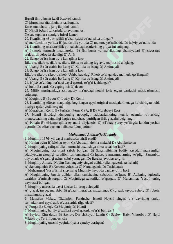 11-sinflar uchun adabiyot fanidan test savollari javoblari bilan 4