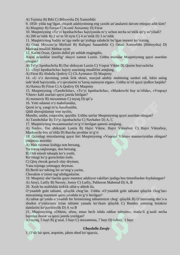 11-sinflar uchun adabiyot fanidan test savollari javoblari bilan 5