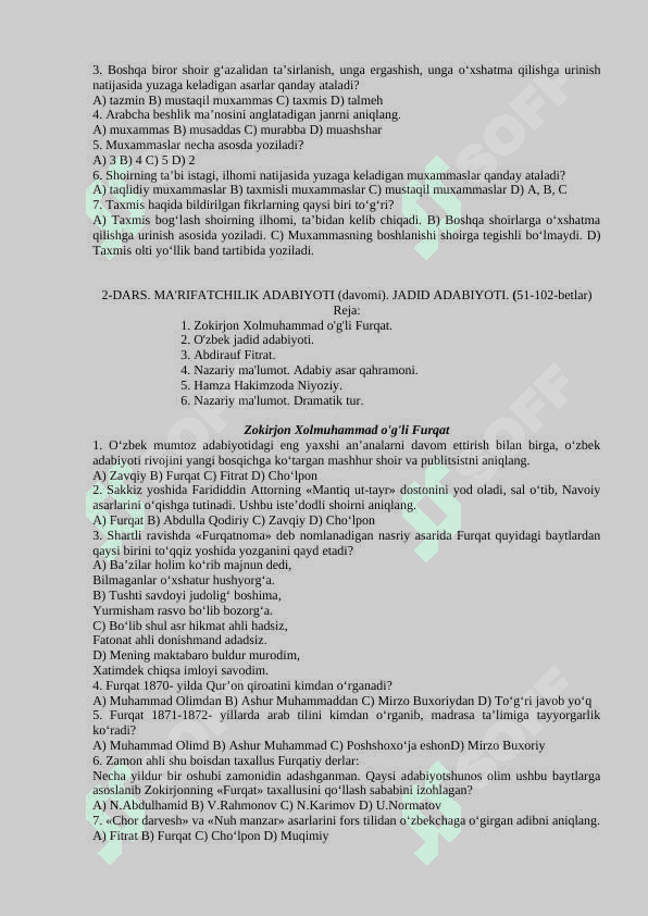 11-sinflar uchun adabiyot fanidan test savollari javoblari bilan 7