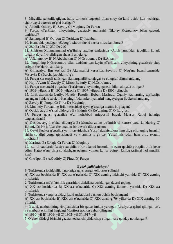 11-sinflar uchun adabiyot fanidan test savollari javoblari bilan 8