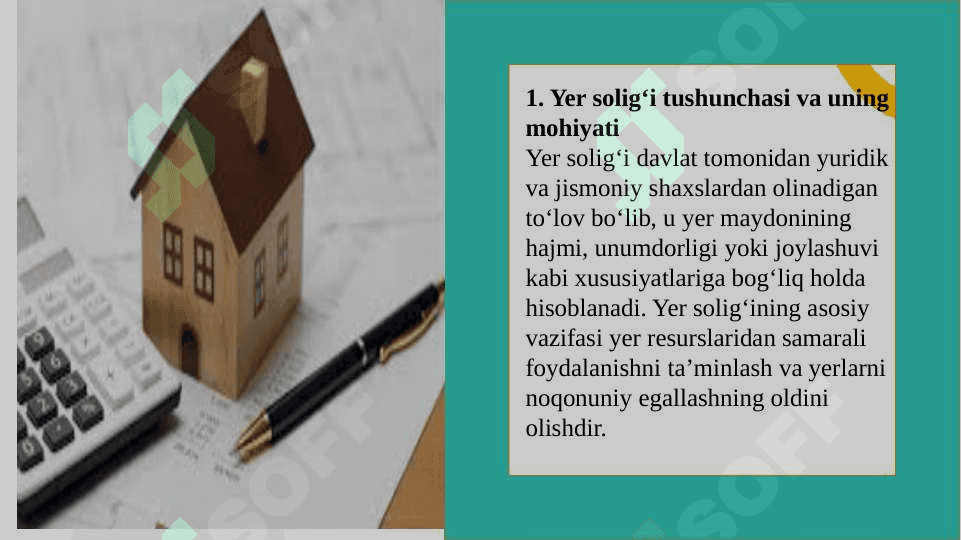 Yuridik shaxslardan olinadigan er solig'i va uning o'ziga xos xususiyatlari. 4
