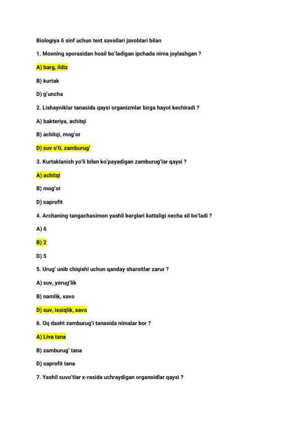 Biologiya | 6-sinf | Test savol-javoblari | 25 ta