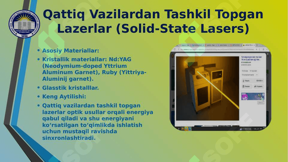 QATTIQ, SUYUQ, GAZ YARIM OʻTKAZGICHLI LAZERLAR 3