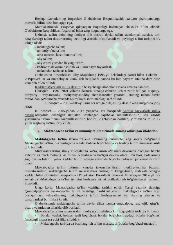 O’ZBEKISTON RESPUBLIKASIDA TA’LIM SOHASIDA AMALGA OSHIRILGAN ISLOHOTLAR 2