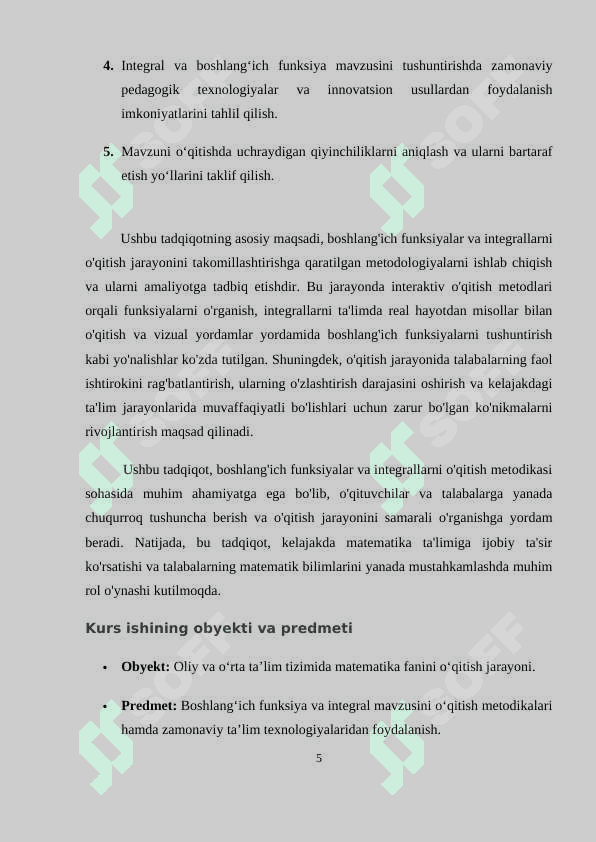 BOSHLANGʻICH FUNKSIYA VA INTEGRALNI OʻQITISH METODIKASI 5