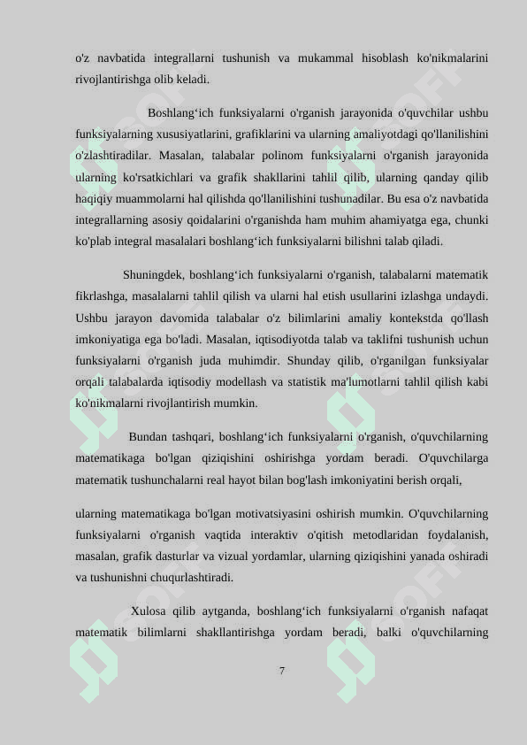 BOSHLANGʻICH FUNKSIYA VA INTEGRALNI OʻQITISH METODIKASI 7