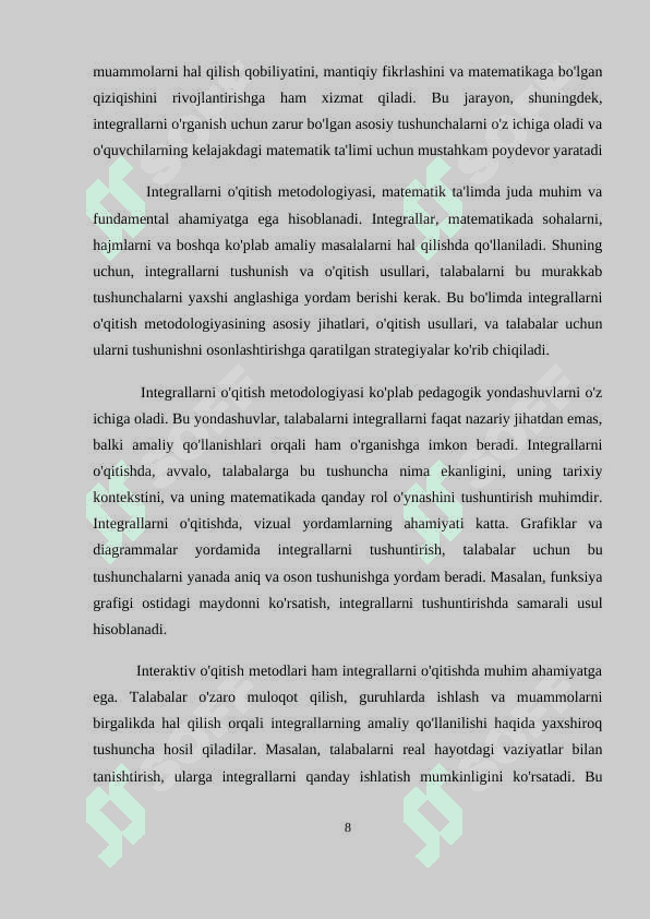BOSHLANGʻICH FUNKSIYA VA INTEGRALNI OʻQITISH METODIKASI 8