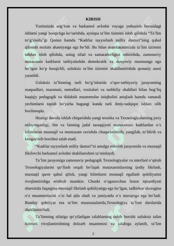 TEXNOLOGIYA FANI DARSLARINI REJALASHTIRISH 2