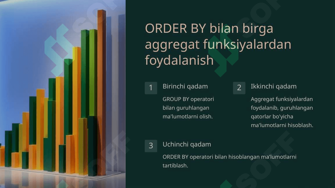 MYSQL DA GROUP BY, ORDER BY VA HAVING DAN FOYDALANIB SO'ROVLAR YARATISH. 6