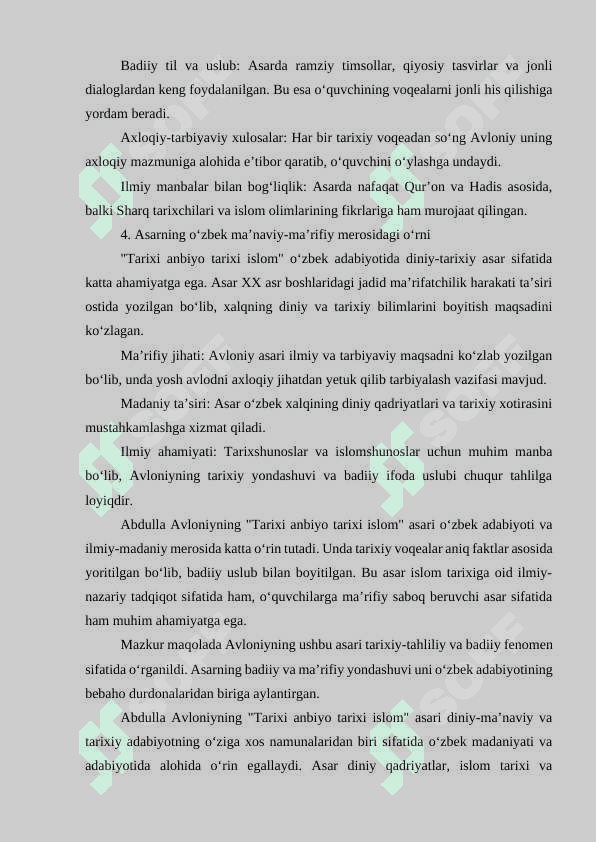Abdulla Avloniy, Tarixi anbiyo tarixi islom asarining adabiy fenomeni 4