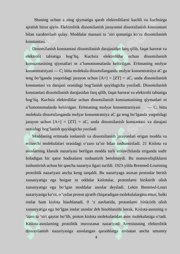 Kuchli elektrolitlar eritmalarining analizda ishlatilishi va xususiyatlari 8