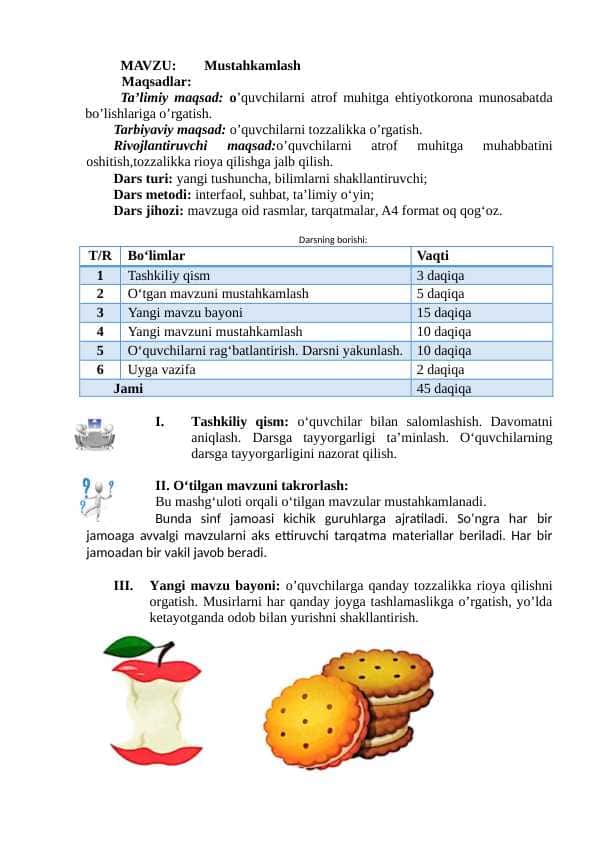 1-sinf  Tarbiya Mustahkamlash dars ishlanma