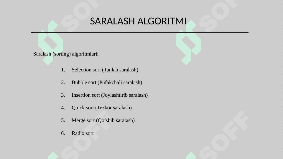 Saralash va qidirishning natijaviy algoritmlari 5