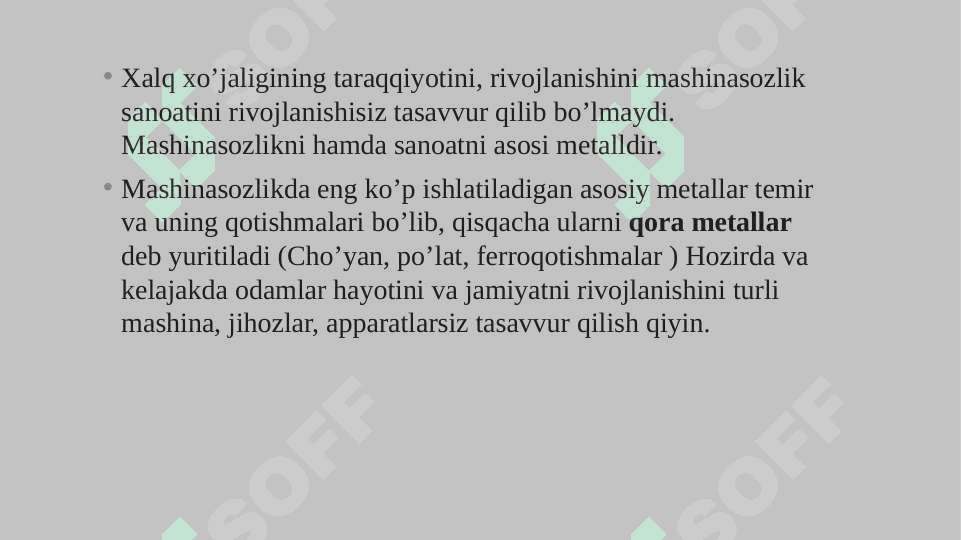 MASHINASOZLIKDA QO`LLANILADIGAN MATERIALLAR. METALLARVA ULARNING QOTISHMALARI 2