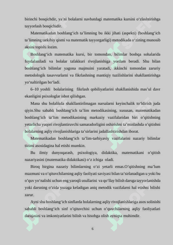 BOSHLANG’ICH SINFLARDA MATEMATIKA O’QITISH METODIKASI FAN SIFATIDA 6