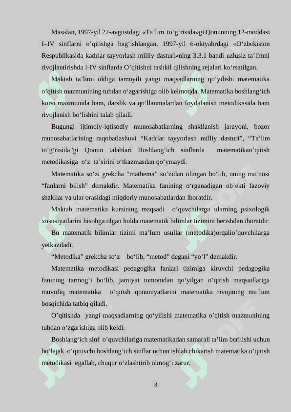 BOSHLANG’ICH SINFLARDA MATEMATIKA O’QITISH METODIKASI FAN SIFATIDA 8