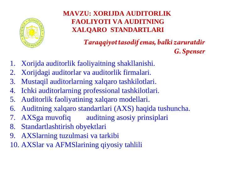XORIJDA AUDITORLIK  FAOLIYOTI VA AUDITNING XALQARO  STANDARTLARI pptx