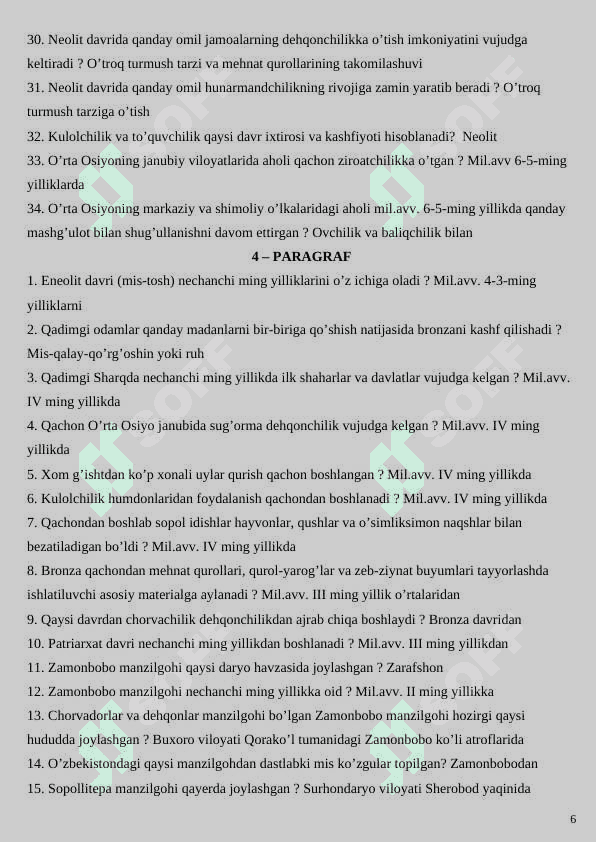 6 SINF TARIX FANIDAN SAVOL-JAVOBLAR. 6