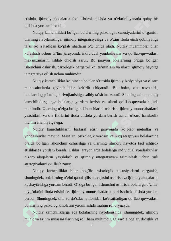 Nutqida kamchiligi bo‘lgan bolalarning o‘ziga xos xususiyatlari. 8