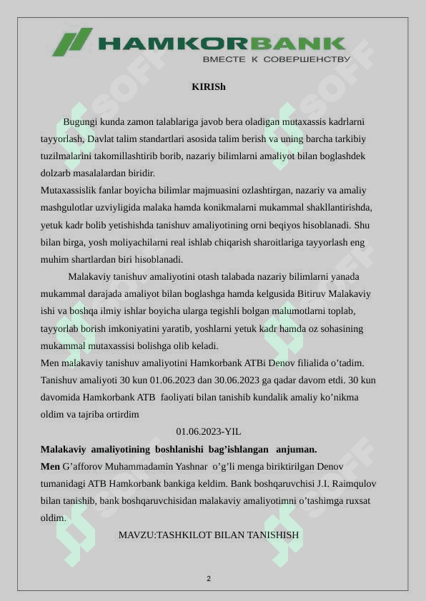 HISOBOT Hamkorbank ATB haqida 2