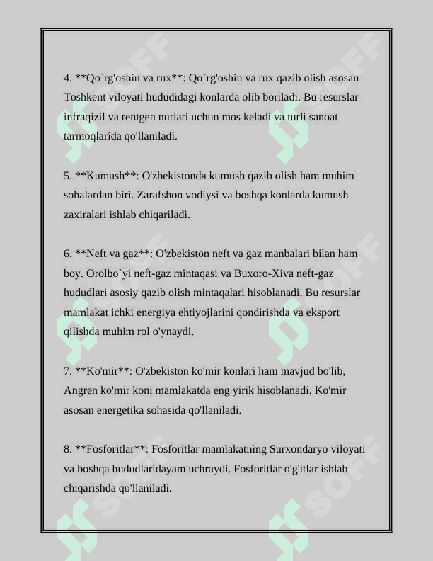 O’ZBEKISTONNING FOYDALI QAZILMALARI HAQIDA MA’LUMOT 4