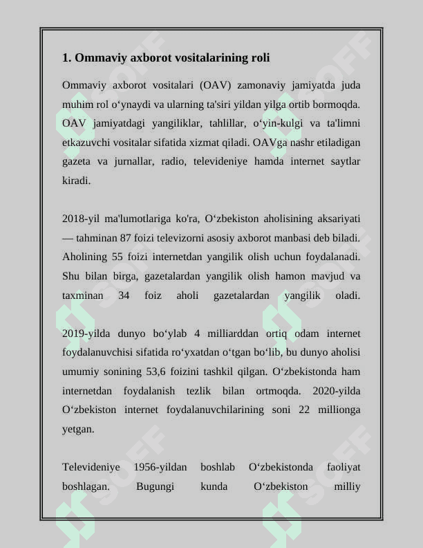 O'ZBEKISTON RESPUBLIKASIDA OMMAVIY AXBOROT VOSITALARI FAOLIYATI 3