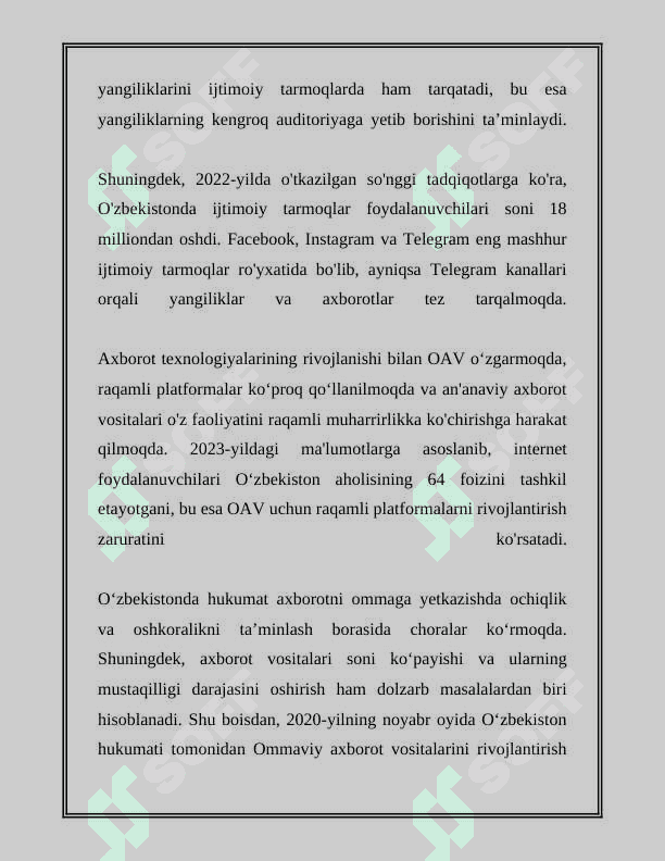 O'ZBEKISTON RESPUBLIKASIDA OMMAVIY AXBOROT VOSITALARI FAOLIYATI 5
