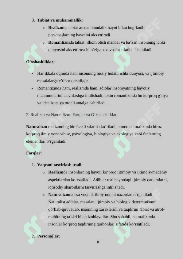 Realizm metodi tavsifi kurs ishi 8
