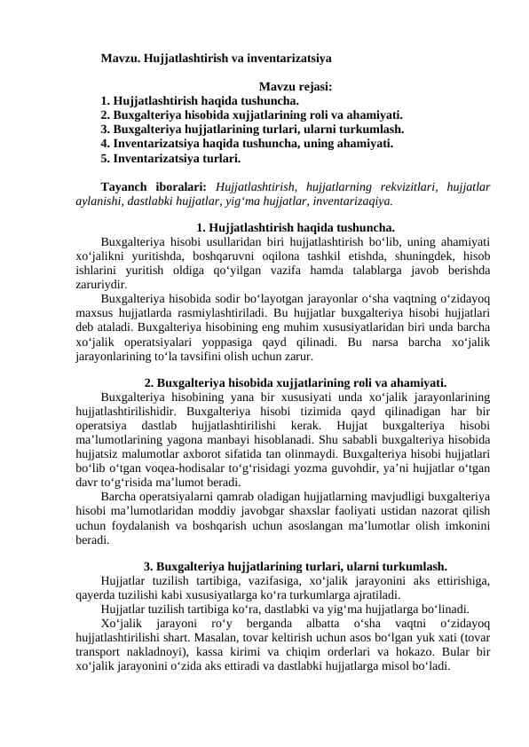 Hujjatlashtirish va inventarizatsiya