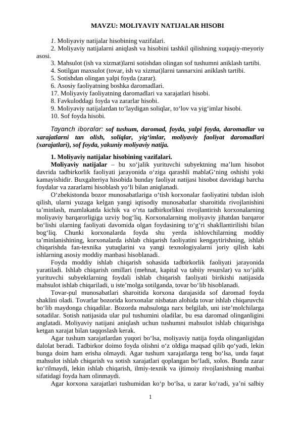 MOLIYAVIY NATIJALAR HISOBI
