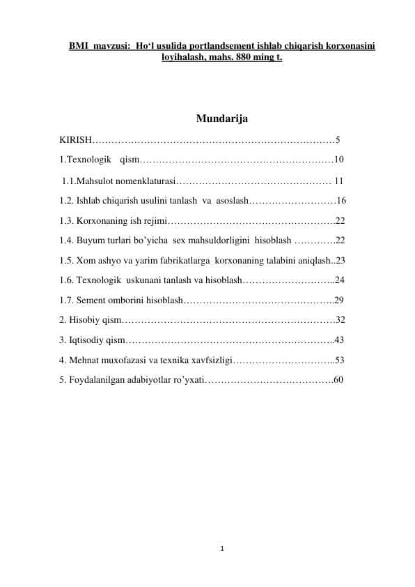 Ho‘l usulida portlandsement ishlab chiqarish korxonasini loyihalash