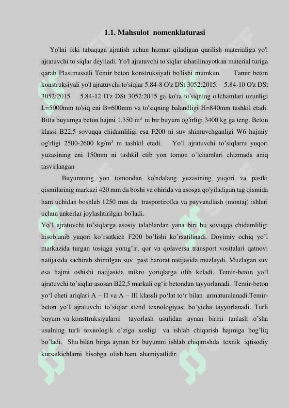 Yo’l ajratuvchi temir beton to’siqlar ishlab chiqarish korxonasini loyixalash 7