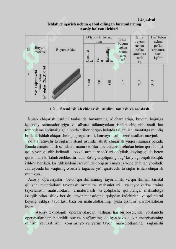 Yo’l ajratuvchi temir beton to’siqlar ishlab chiqarish korxonasini loyixalash 8