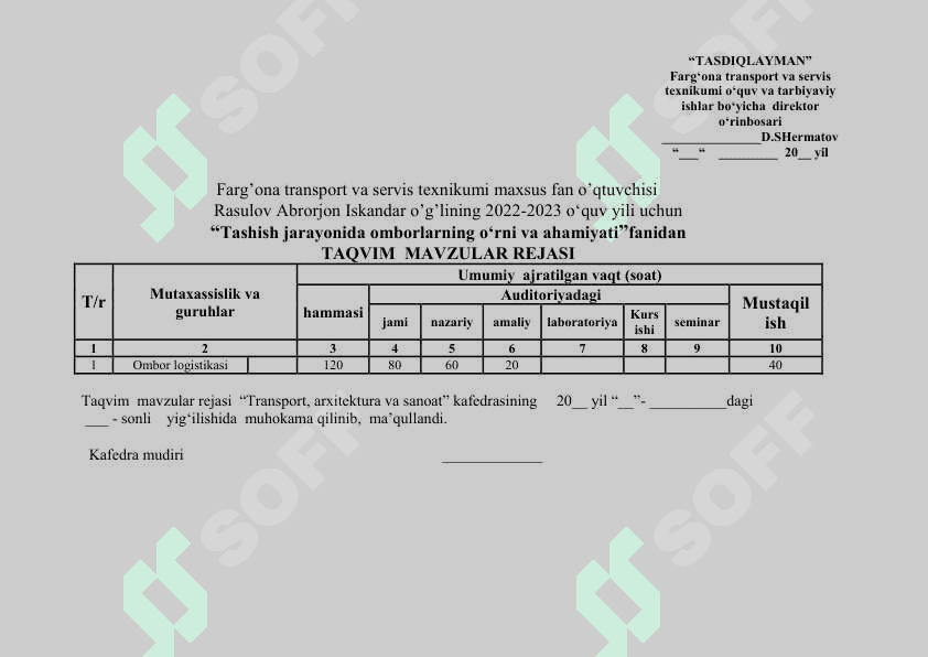 Tashish jarayonlarida omborlarning o'rni va ahamiyati fanidan to'plam 2