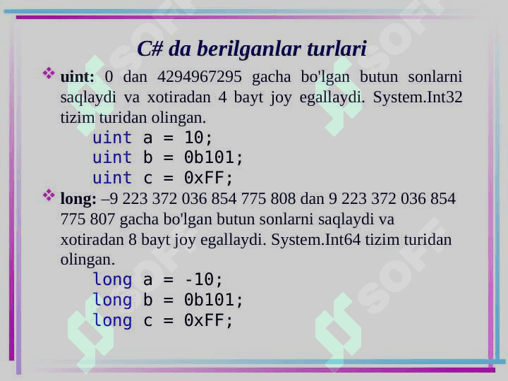 C# da berilganlar turlari 5