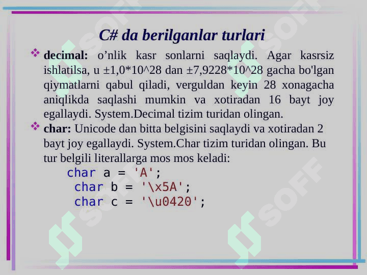 C# da berilganlar turlari 7