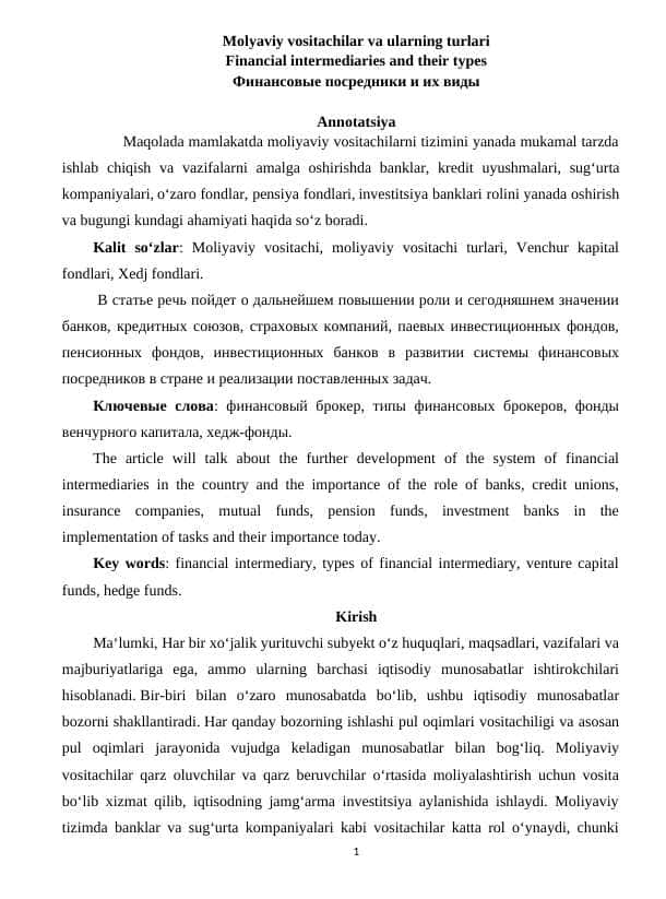 Molyaviy vositachilar va ularning turlari