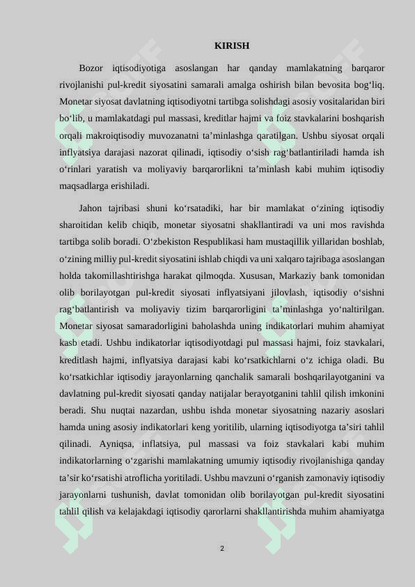 Monetar siyosatning indikatorlari. kurs ishi 2