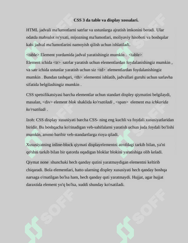 CSS da table, display, transition va 2D, 3D transform effektlarini qo'llash. Formalarga still berish 3