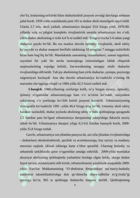 “O`zbekistonda urbanizatsiya jarayonlari” 6