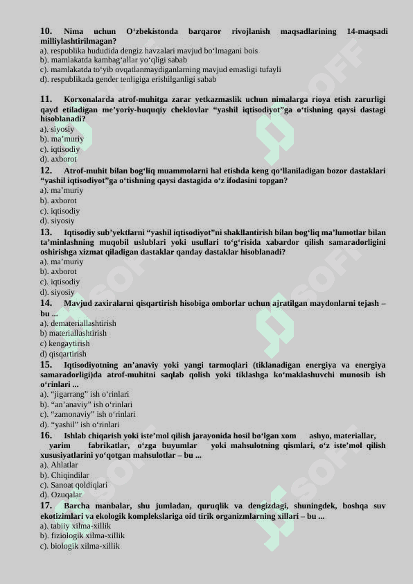 Yashil iqtisodiyot testlar 28ta variant 2